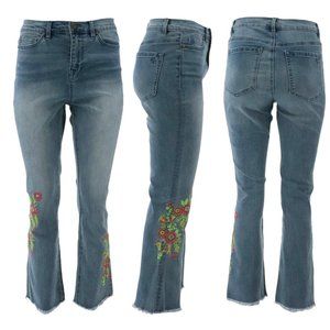 Diane Gilman Neon Embroidered Flare Crop Jeans Raw Hem Midtone 697-739 Size 10